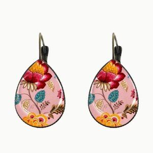 NEW Giselle Victorian Pink and Blue Floral Glass Cabochon Teardrop Earrings